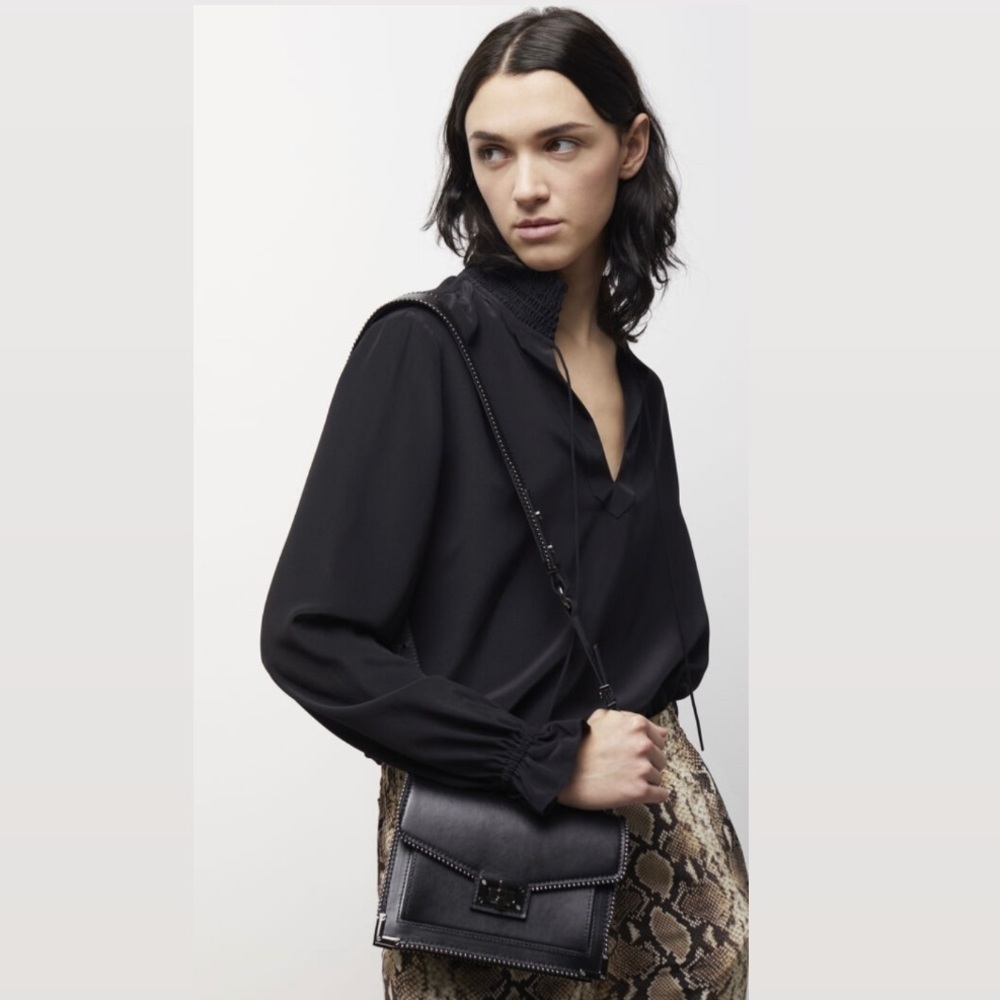 The Kooples Black Silk Long Sleeve Blouse Split Neck Top